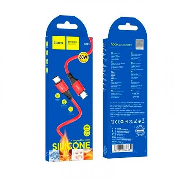 Кабель заряджання Hoco X86 Type-C - Type-C Spear 60W (20V/3A) 1М silicone cable Червоний - Фото 2 Кабель заряджання Hoco X86 Type-C - Type-C Spear 60W (20V/3A) 1М silicone cable Червоний - зображення 2