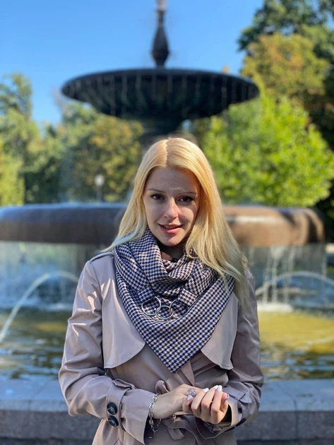 Шарф My Scarf гусяча лапка синя бежевий кежуал віскоза, трикотаж декор-застібка кільця - зображення 8