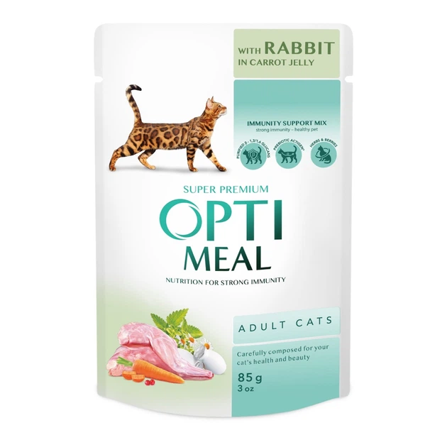 Вологий корм для котів OptiMeal Adult з кроликом у морквяному желі 85 г B2711702 - Фото 1 Вологий корм для котів OptiMeal Adult з кроликом у морквяному желі 85 г B2711702 - зображення 1