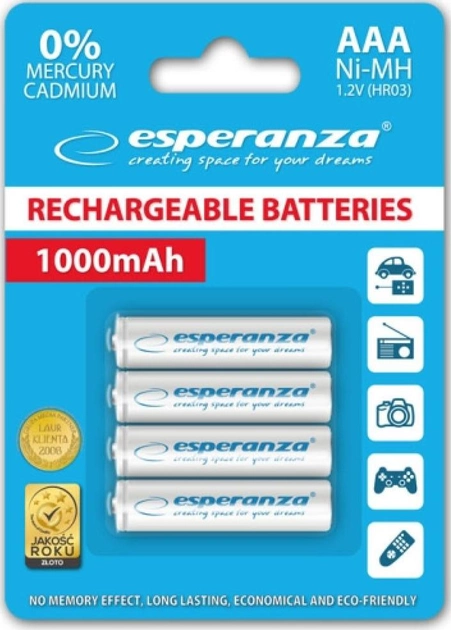 Akumulatorki Esperanza Ni-MH AAA 1000 mAh 4 szt. (EZA102W) - obraz 2