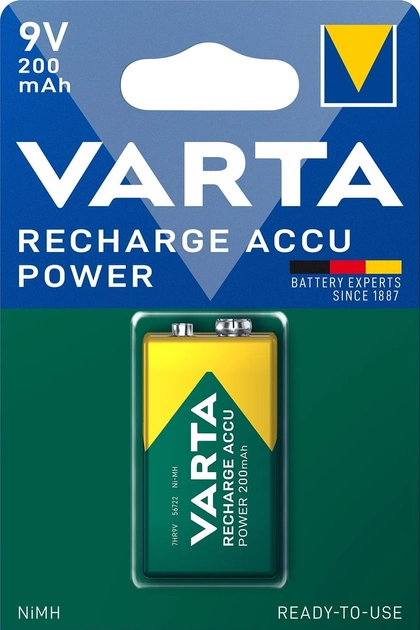 Акумулятор універсальний Varta Rechargeable Accu 6F22 200 мАг BLI 1 Ni-MH (56722101401) - зображення 1