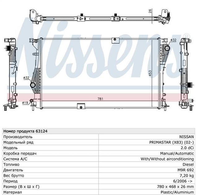 Радіатор охолодження OPEL VIVARO A (01-)/RENAULT TRAFIC II (01-) 2.0 dCi (вир-во Nissens) Nissens (63124) - зображення 1