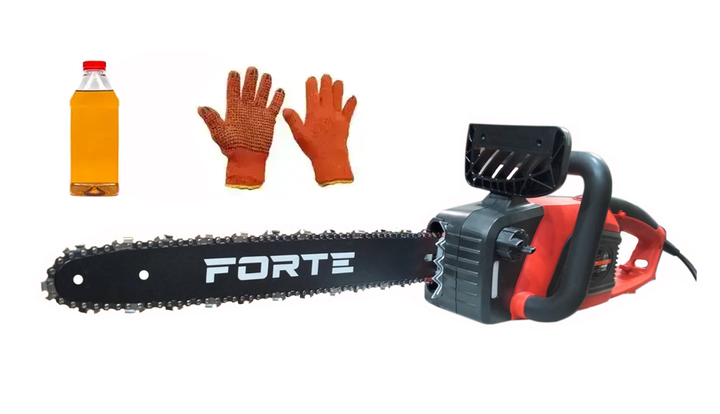 Электропила Forte FES30-45Р в комплекте с маслом для цепи и рабочими перчатками - Фото 1 Электропила Forte FES30-45Р в комплекте с маслом для цепи и рабочими перчатками - изображение 1