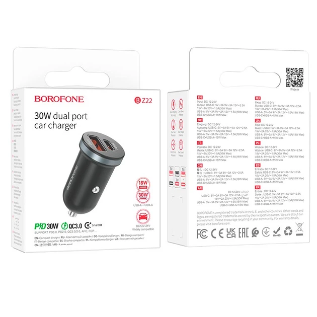 Адаптер автомобильный Borofone Scenery dual port BZ22 1хUSB/1хType-C 30W/3A PD/Q Черный - изображение 4