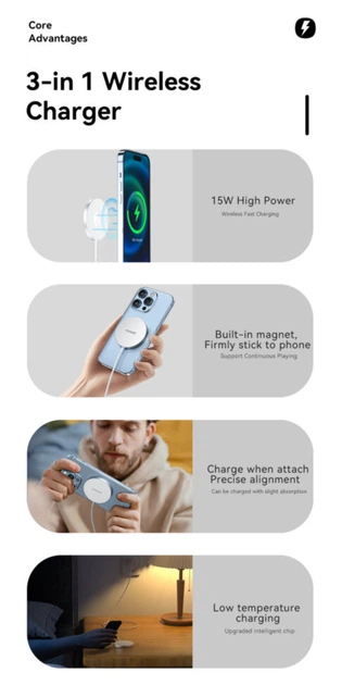 Магнитное беспроводное зарядное устройство Essager MagSafe 15 Вт Быстрая беспроводная Qi зарядка 3в1 для Apple Samsung White (695844357005) - изображение 12