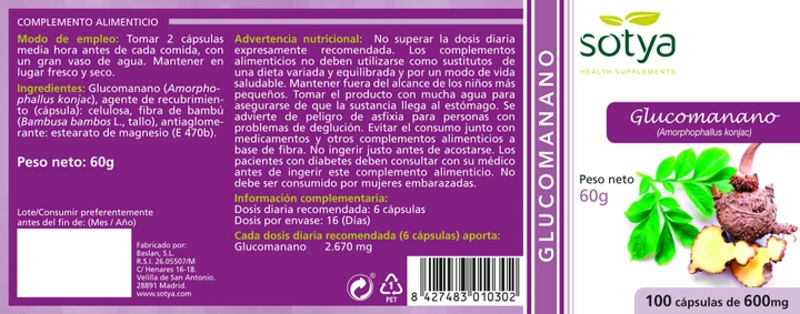 Suplement diety Sotya Glucomanano 600 mg 100 kapsułek (8427483010302) - obraz 2