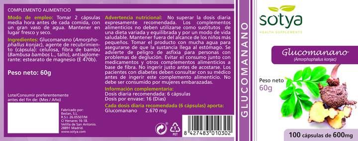 Дієтична добавка Sotya Glucomanano 600 мг 100 капсул (8427483010302) - зображення 2