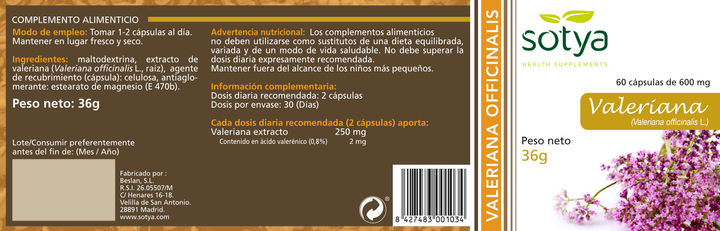 Suplement diety Sotya Valeriana 600 mg 60 kapsułek (8427483001034) - obraz 2