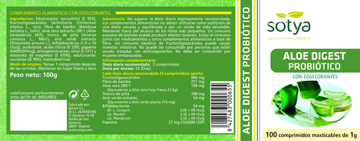 Suplement diety Sotya Aloe Digest Probiotico 100 tabletek do żucia (8427483000655) - obraz 2