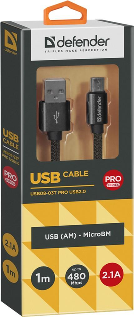 Kabel Defender USB08-03T Pro USB 2.0 AM-MicroBM 1 m Czarny (4714033878029) - obraz 1