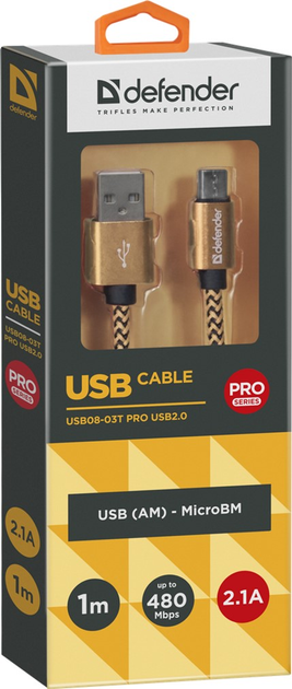 Kabel Defender USB08-03T Pro USB 2.0 AM-MicroBM 1 m Złoty (4714033878005) - obraz 1