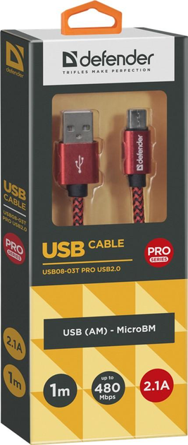 Kabel Defender USB08-03T Pro USB 2.0 AM-MicroBM 1 m Czerwony (4714033878012) - obraz 1