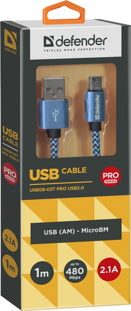 Kabel Defender USB08-03T Pro USB 2.0 AM-MicroBM 1 m Niebieski (4714033878050) - obraz 1