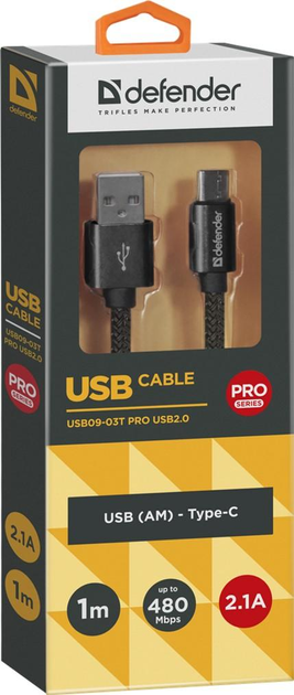 Kabel Defender USB09-03T Pro USB 2.0 AM-Type-C 1 m Czarny (4714033878142) - obraz 1