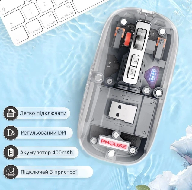 Мышь беспроводная Fmouse, прозрачная, аккумуляторная, двухрежимная, соединение по Bluetooth и через фишку 2,4GHz, 2400 DPI, с подсветкой, серая, M133, 3309784 - изображение 2