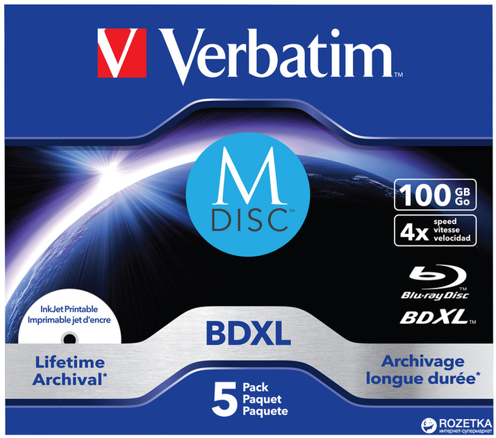 Диски Verbatim M-Disc BD-R XL 100 GB 4 x Jewel Printable 5 шт. (0023942438342) - зображення 1
