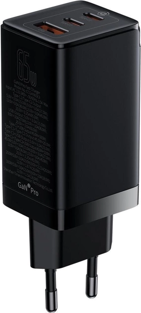 Мережевий зарядний пристрій Baseus GaN3 Pro Fast Charger 2C + U Cable 65W Type-C to Type-C 100W 20V/5A 1 м Black (CCGP050101) - зображення 2