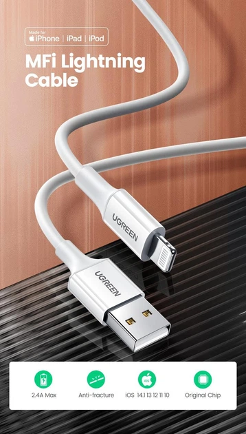 Кабель зарядний Ugreen MFi сертифікований lightning 1М White (US155) - Фото 13 Кабель зарядний Ugreen MFi сертифікований lightning 1М White (US155) - зображення 13