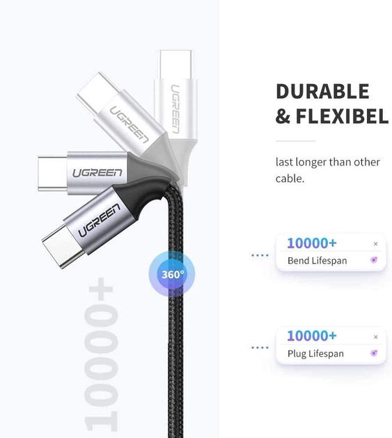 Кабель зарядный Ugreen USB 2.0 Type-C to Type-C PD QC 4.0 с нейлоновой оплеткой 1М (US261) - изображение 5