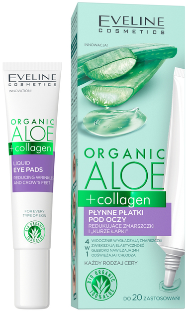 Płynne płatki pod oczy Eveline Cosmetics Organic Aloe + Collagen redukujące zmarszczki i kurze łapki 4 w 1 20 ml (5903416004738) - obraz 1