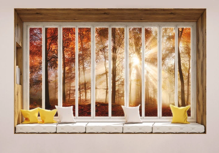 Флизелиновые фотообои лето пейзаж 3D Вид на осенний лес из большого окна (10659V)+клей - Фото 2 Флизелиновые фотообои лето пейзаж 3D Вид на осенний лес из большого окна (10659V)+клей - изображение 2