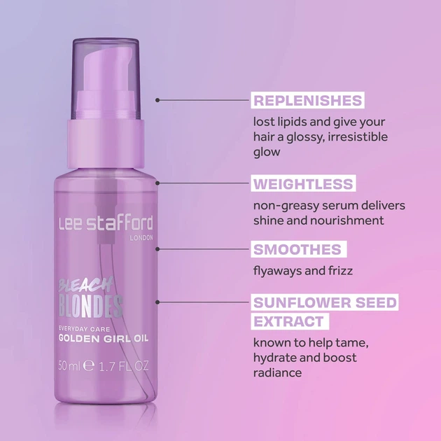 Олія для освітленого волосся Lee Stafford Bleach Blondes Everyday Care Golden Girl Oil 50 мл 5060282705692 - Фото 3 Олія для освітленого волосся Lee Stafford Bleach Blondes Everyday Care Golden Girl Oil 50 мл 5060282705692 - зображення 3