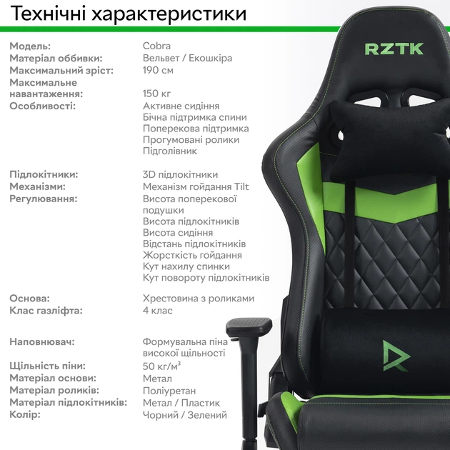 Кресло игровое RZTK Cobra Черно-зеленое - изображение 12