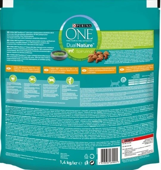Сухой корм для взрослых кошек Purina One Adult Dual Nature Spirulina, с курицей 1.4 кг - изображение 2