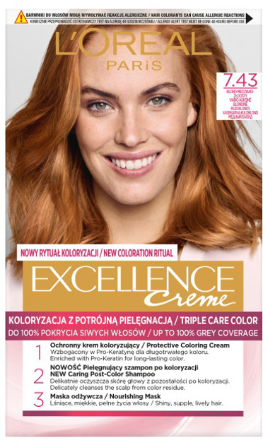 Farba do włosów L'Oreal Paris Excellence Creme 7.43 Blond Miedziano-Złocisty 270 g (3600010023678) - obraz 1
