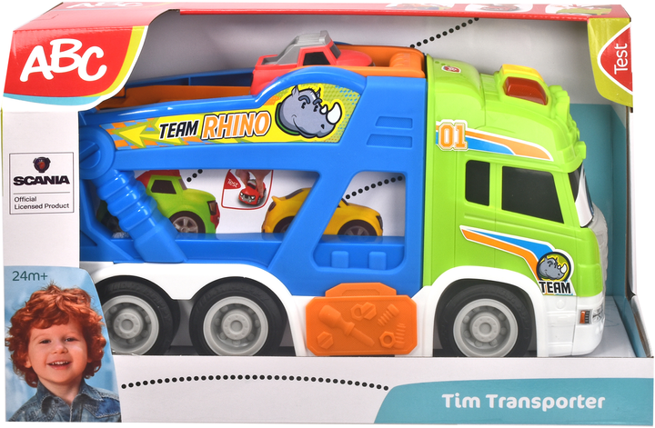 Transporter ABC Dickie Toys "Scania.Tim" z miękkim autem, z efektami dźwiękowymi i świetlnymi 42 cm (204117000) - obraz 1