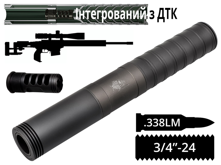 Глушник інтегрований 2в1 з дгк AFTactical S56LM28 для високоточних гвинтівок .338 3/4"x24 - зображення 1