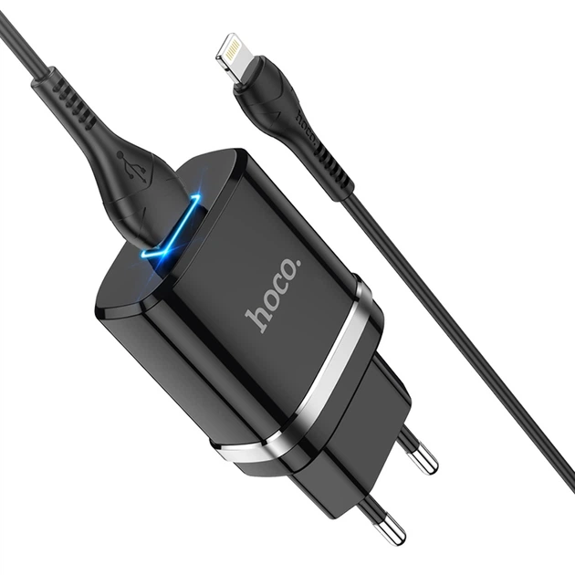 Сетевое зарядное устройство Hoco N1 USB черное + кабель USB to Lightning - Фото 3 Сетевое зарядное устройство Hoco N1 USB черное + кабель USB to Lightning - изображение 3