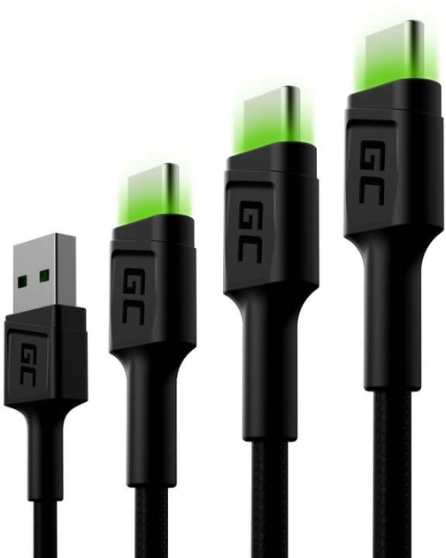 Zestaw kabli Green Cell Ray USB Type-A – USB Type-C 0.3 m/1.2 m/2 m Black (5907813961366) - obraz 1