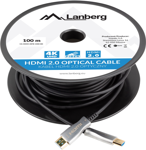 Кабель Lanberg HDMI – HDMI v2.0 100 м Black (5901969429862) - зображення 1