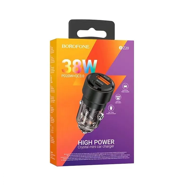 Автомобільний зарядний пристрій BOROFONE BZ20 Smart 38W dual port PD20W+QC3.0 car charger Transparent Black - Фото 2 Автомобільний зарядний пристрій BOROFONE BZ20 Smart 38W dual port PD20W+QC3.0 car charger Transparent Black - изображение 2