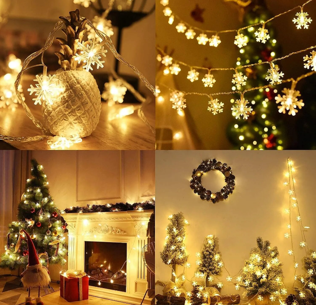 Гірлянда на батарейках Oobest Snowflake Light String Christmas Tree Lamp Сніжинки 20 LED ламп 3 м Теплий білий - зображення 5