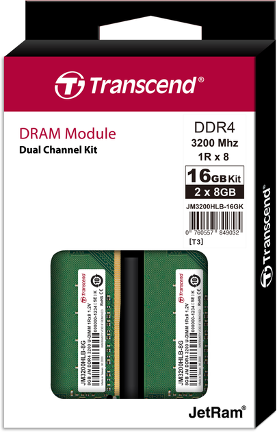 Pamięć Transcend DDR4-3200 16384MB PC4-25600 (Kit of 2x8192) (JM3200HLB-16GK) - obraz 2