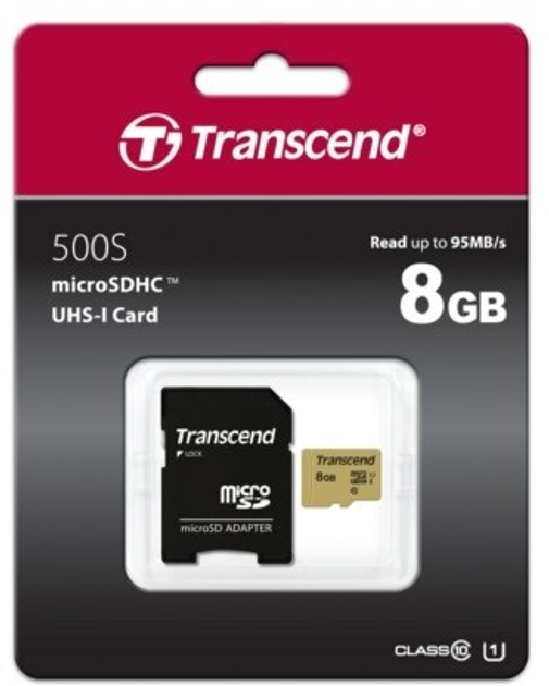 Karta pamięci Transcend MicroSDHC 500S 8GB Class 10 UHS-I U1 + adapter (TS8GUSD500S) - obraz 1