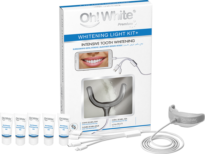 Zestaw do wybielania zębów Oh! White Whitening Light Kit+ Fotoaktywny żel wybielający 5 ml 5 szt + Ustnik ze światłem LED (8425402282540) - obraz 1