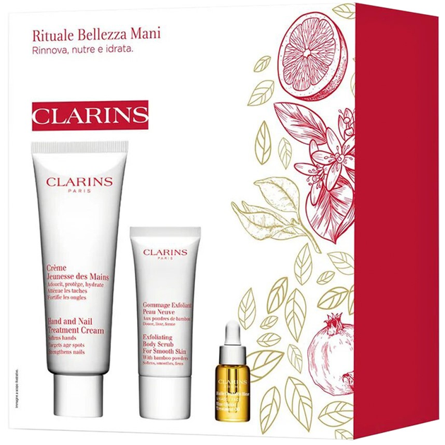 Набір Clarins Hand & Nail Treatment Set Крем для рук і нігтів 100 мл + Масло блакитної орхідеї 5 мл + Відлущувальний скраб для тіла 30 мл (3666057180972) - зображення 2