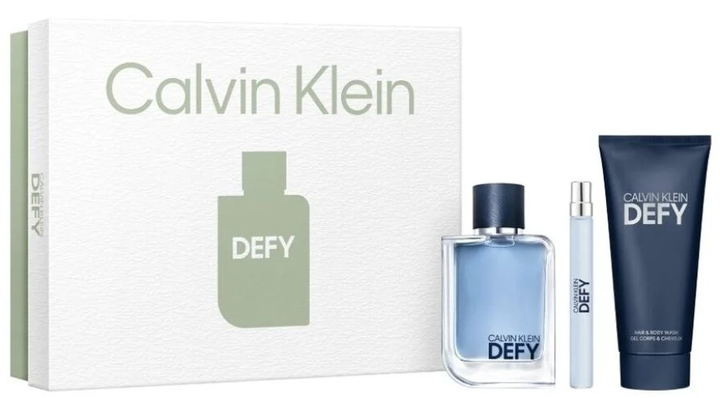 Zestaw męski Calvin Klein Defy Woda toaletowa 100 ml + Szampon do włosów i ciała 100 ml + Woda toaletowa 10 ml (3616304104824) - obraz 1