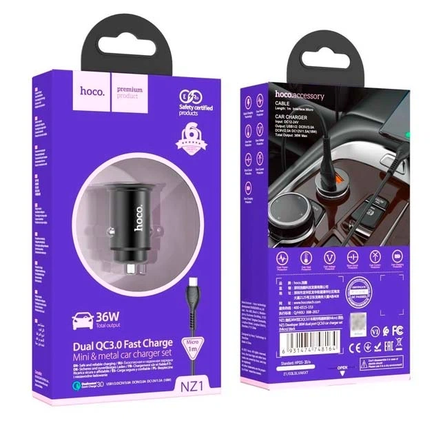Зарядне автомобільне Hoco NZ1 (2USB/36W/QC3.0) Адаптер автомобільний + кабель USB to microUSB для пристроїв Чорний - изображение 2