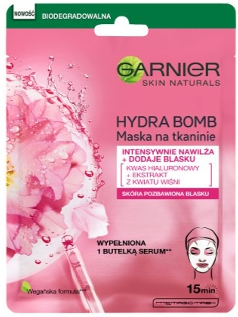 Тканинна маска Garnier Hydra Bomb інтенсивне зволоженняз екстрактом вишневого цвіту та гіалуроновою кислотою 28 г (3600542385633) - зображення 1