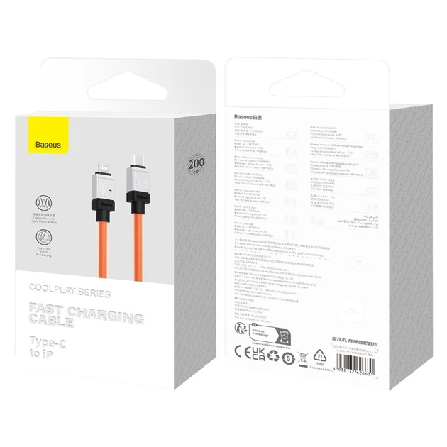 Кабель для швидкого заряджання телефону Baseus CoolPlay Series Type-C to Lightning 20W 2m Cable Orange - Фото 3 Кабель для швидкого заряджання телефону Baseus CoolPlay Series Type-C to Lightning 20W 2m Cable Orange - зображення 3
