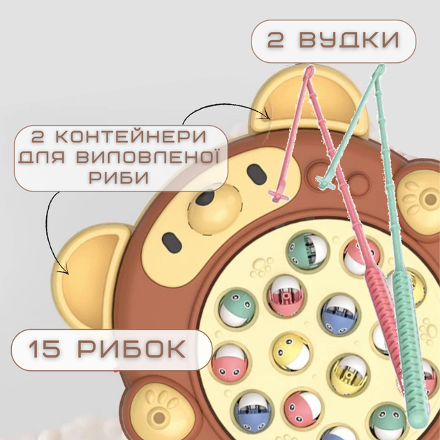 Детская Интерактивная Монтессори Игрушка на Двоих Музыкальная Рыбалка Развивающая 2 Удочки 15 Рыбок Коричневая - изображение 3