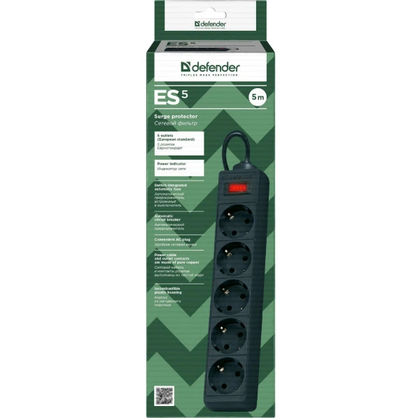 Сетевой фильтр Defender ES 994860 5 розеток 5м черный - Фото 4 Сетевой фильтр Defender ES 994860 5 розеток 5м черный - изображение 4