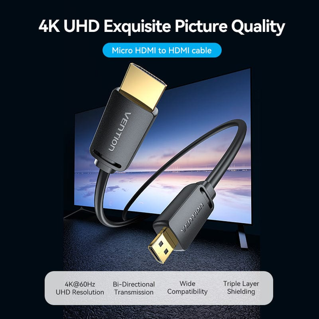 Кабель Vention micro HDMI-D-HDMI-A, 3 m, v2.0, 4K 60Hz (AGIBI) - Фото 2 Кабель Vention micro HDMI-D-HDMI-A, 3 m, v2.0, 4K 60Hz (AGIBI) - зображення 2