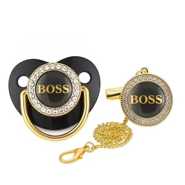 Набір силіконова пустушка+ тримач зі стразами від 6-18 міс Boss Чорна з золотим - изображение 6