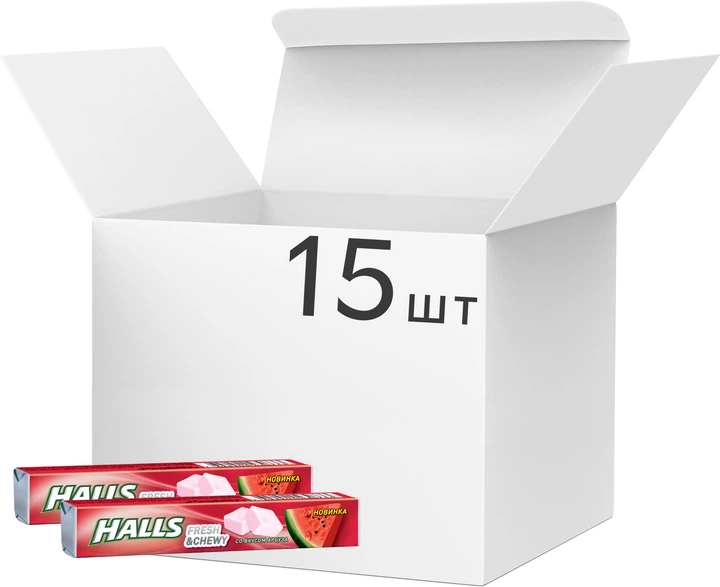 Упаковка жувальних цукерок Halls зі смаком кавуна 47 г х 15 шт (7622201430726) - Фото 1 Упаковка жувальних цукерок Halls зі смаком кавуна 47 г х 15 шт (7622201430726) - зображення 1