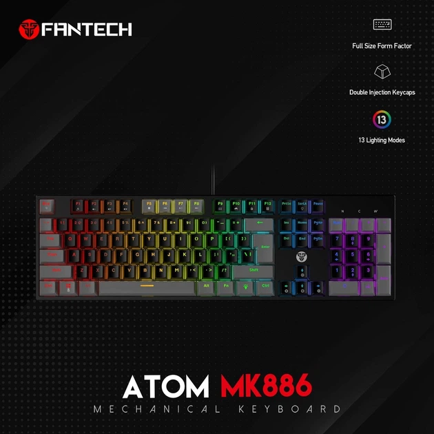 Ігрова провідна механічна клавіатура Fantech ATOM MK886 Red Switch "Тихі" Switch c RGB підсвічуванням Black/Black - зображення 2